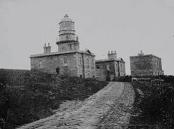 Lighthouse Tower c. 1870's showing the original buildings before the addition of the Engine Room and Forhorn in 1905 (image from http://photos.shetland-museum.org.uk/index.php)